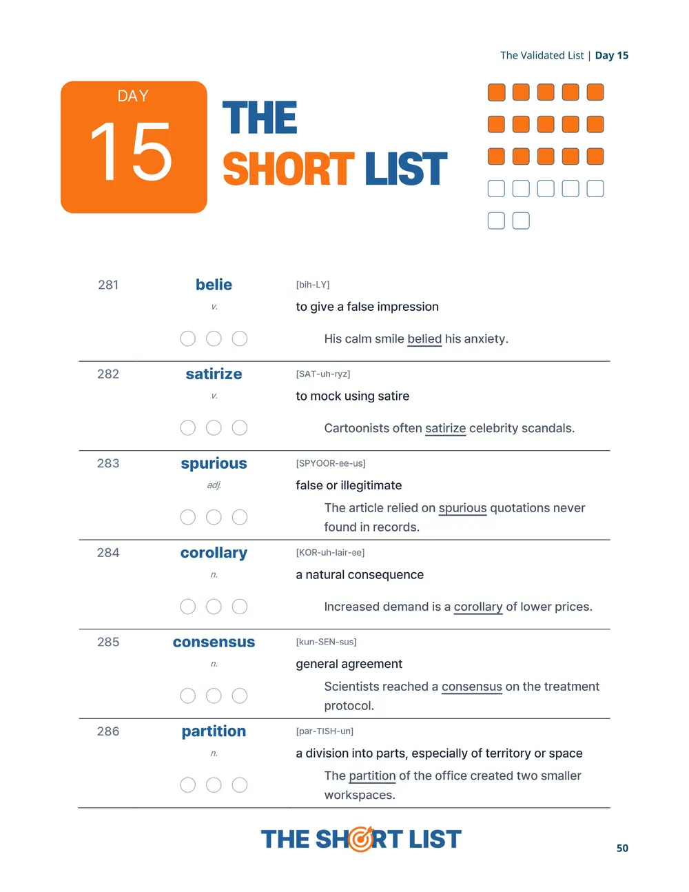 The Short List - Vocabulary Page Sample